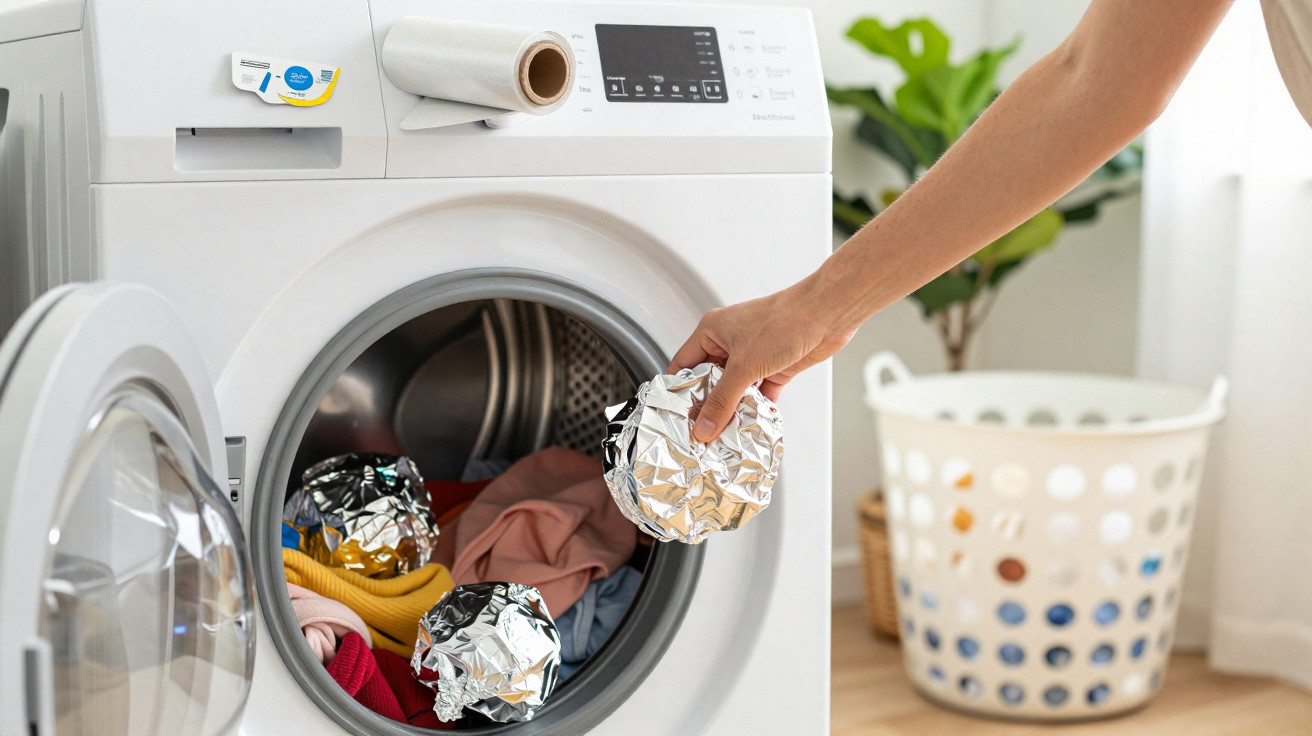 Person placing aluminium foil balls into a front-loading washing machine full of laundry.