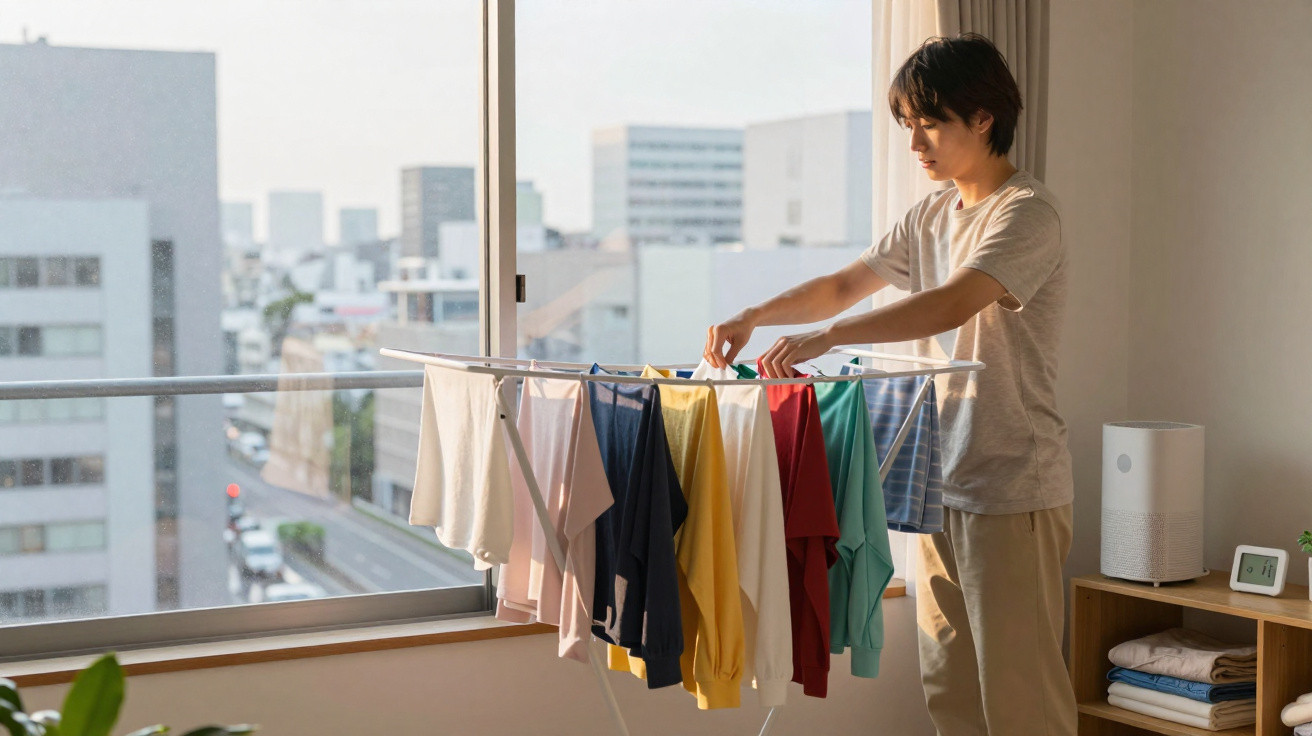 Young man hanging colourful clothes on indoor drying rack by large window in bright modern apartment
