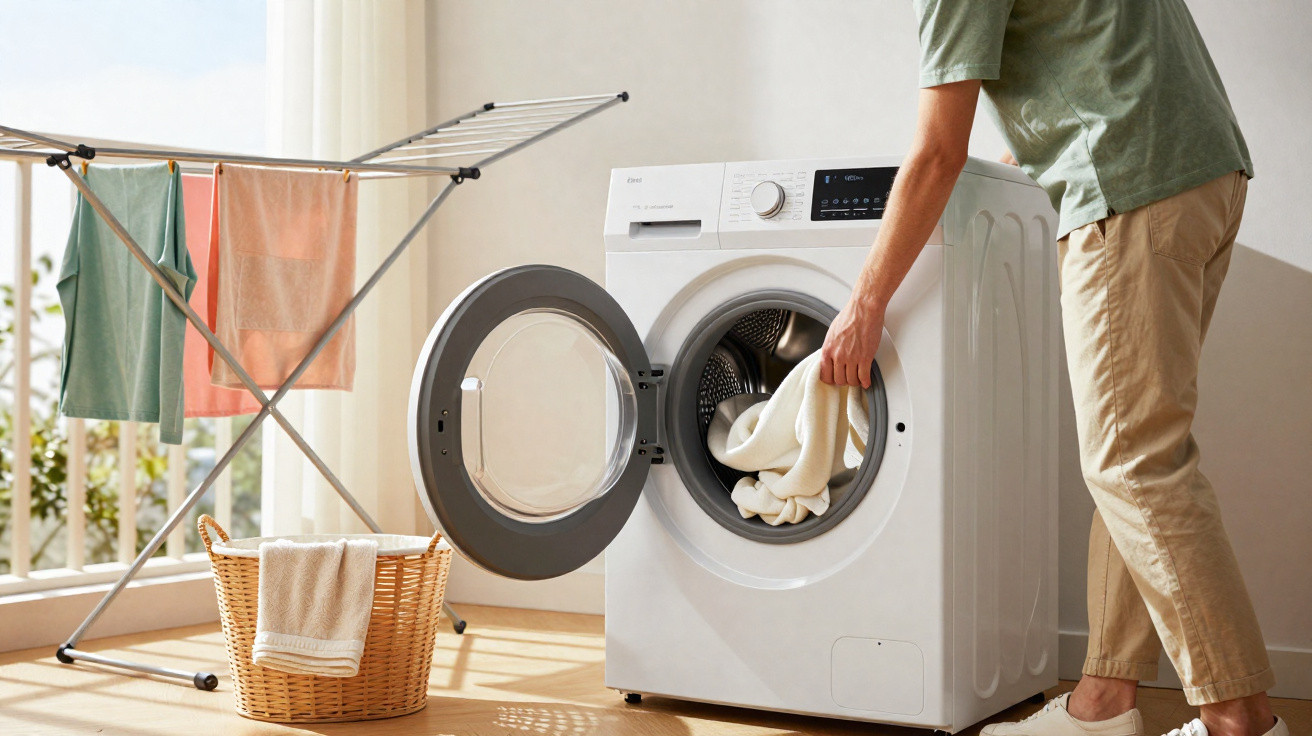 Person loading white laundry into a front-loading washing machine in a bright room with drying rack and basket.