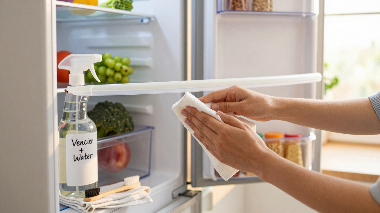 Person cleaning the inside edge of an open refrigerator with a cloth and spray bottle labeled Vencier + Water.