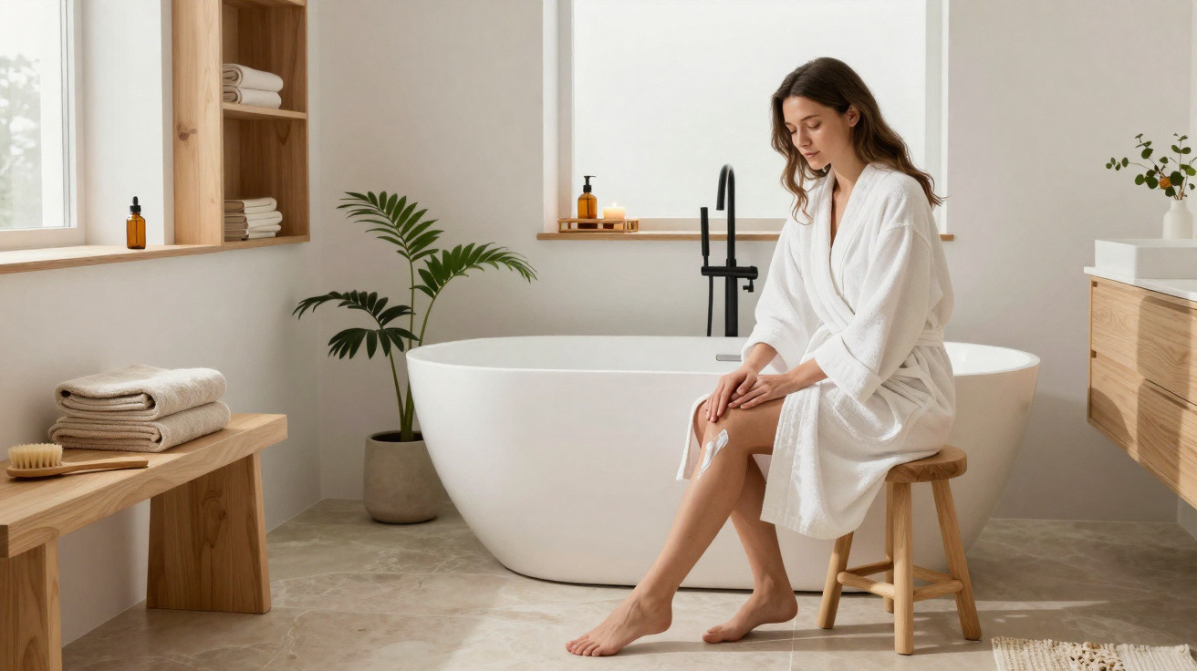 Woman in white bathrobe sitting on wooden stool shaving her legs in bright modern bathroom with bathtub and plants
