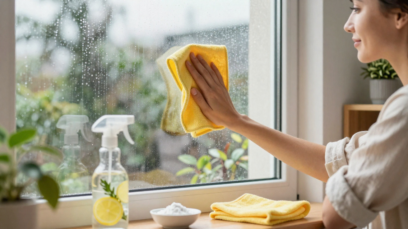 Woman cleaning a rain-covered window with a yellow cloth, cleaning supplies and plants on the windowsill.