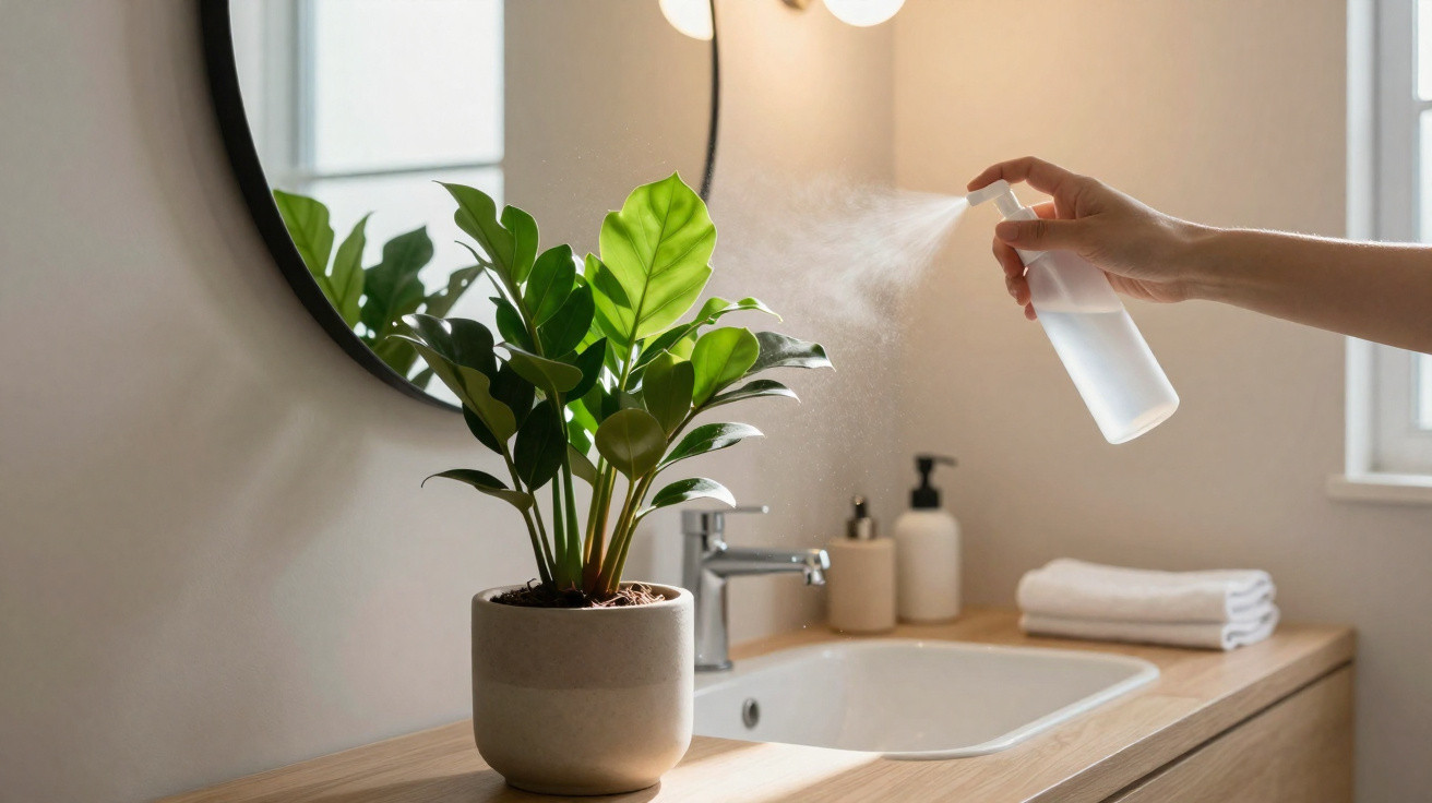 Hand spraying water mist on a green potted plant beside a bathroom sink with mirror and toiletries.