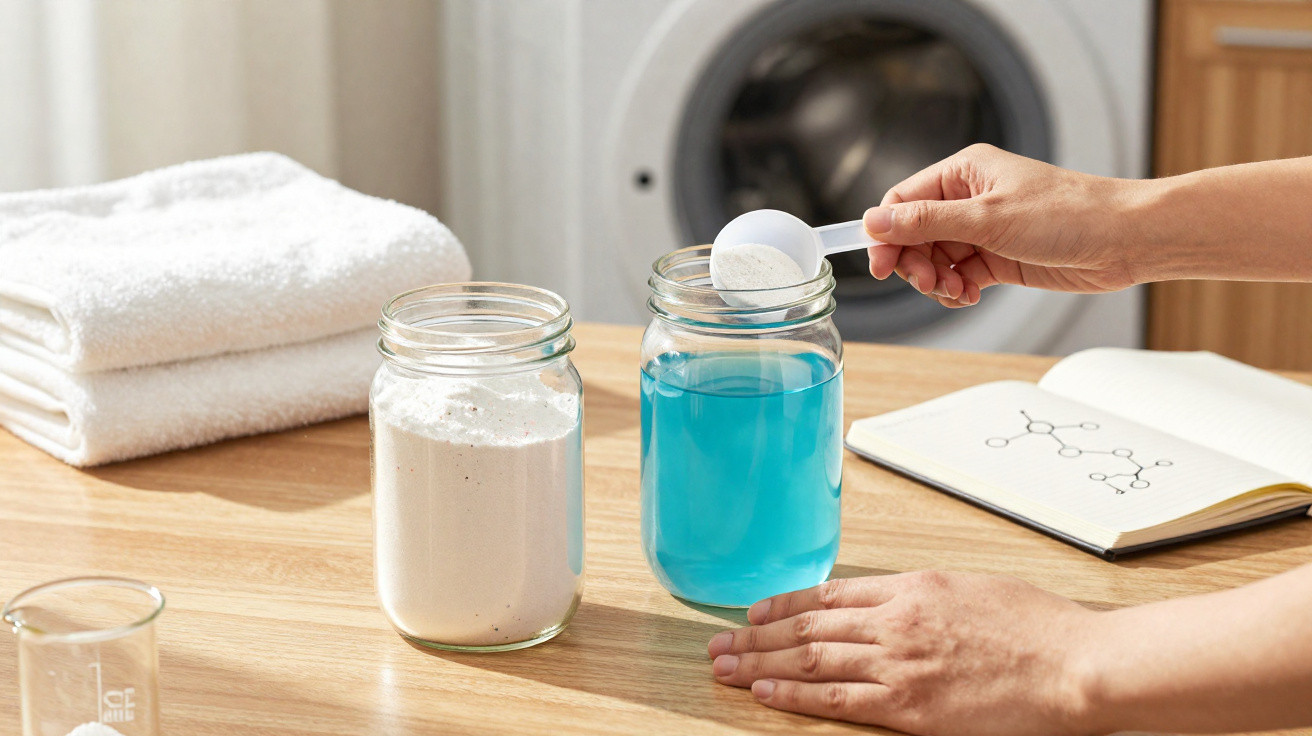 Person adding white powder detergent to jar of blue liquid on wooden table near washing machine.