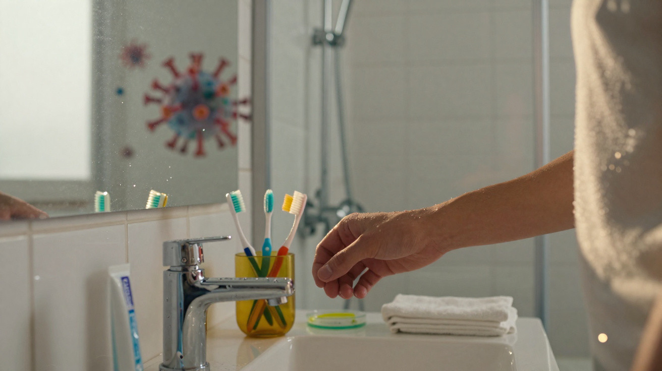 Person reaching towards toothbrushes beside bathroom sink with a mirror reflecting colourful covid virus models.