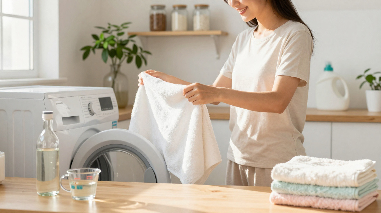 Woman folding a clean white towel next to a washing machine in a bright kitchen laundry area.