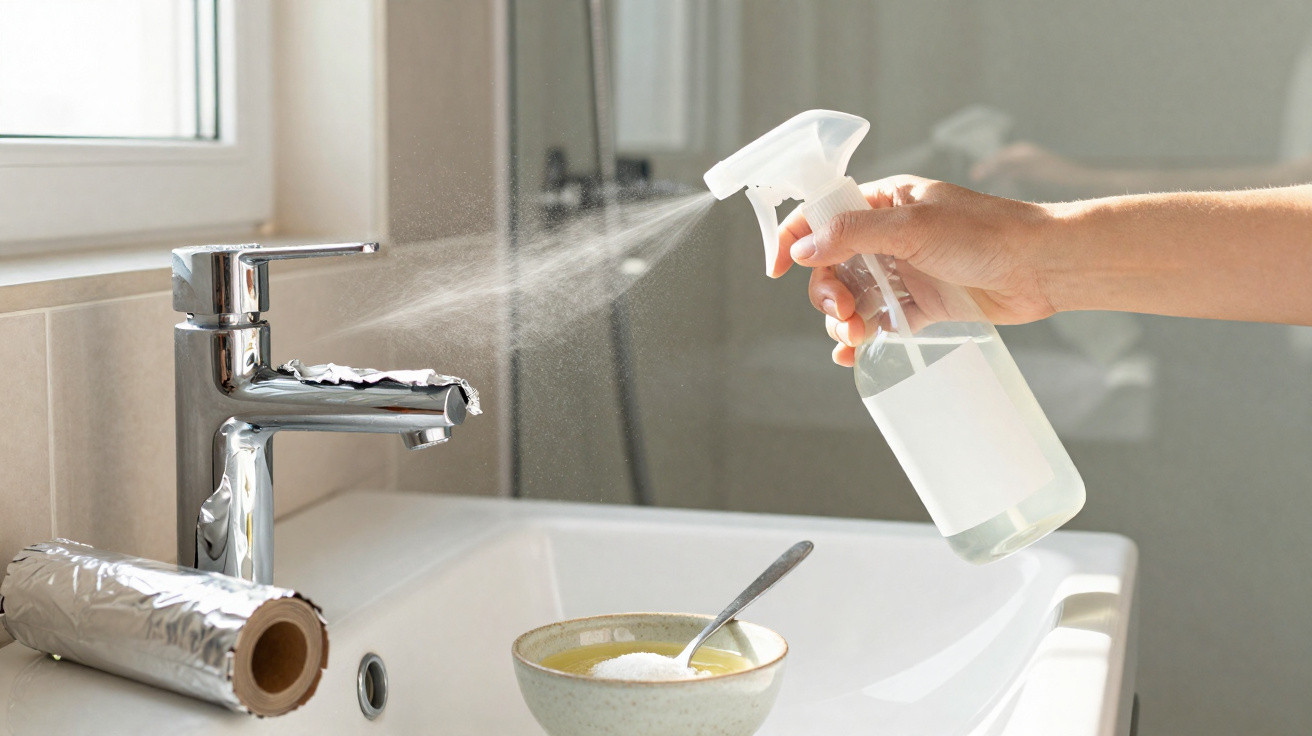 Hand spraying cleaning solution onto a bathroom sink faucet wrapped in aluminium foil with a bowl of powder and spoon nearby.