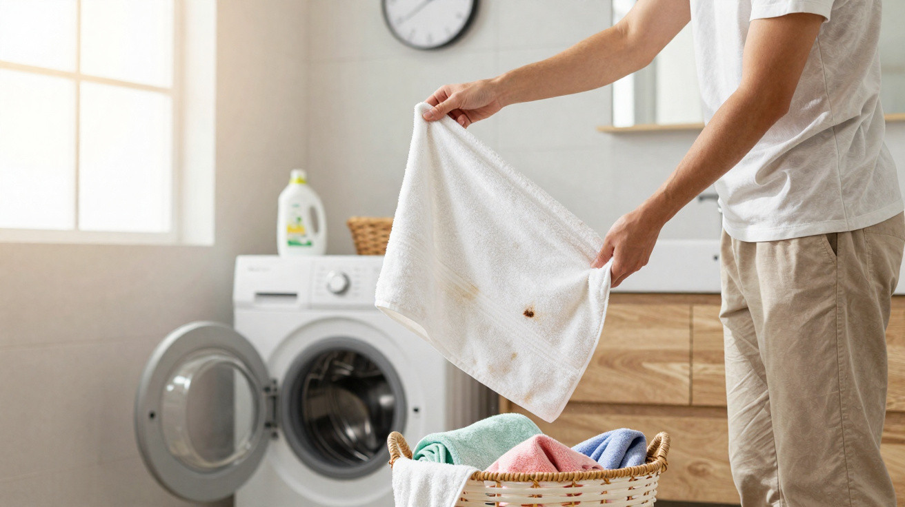 Person holding a stained white cloth near a laundry basket with folded towels in front of a washing machine.