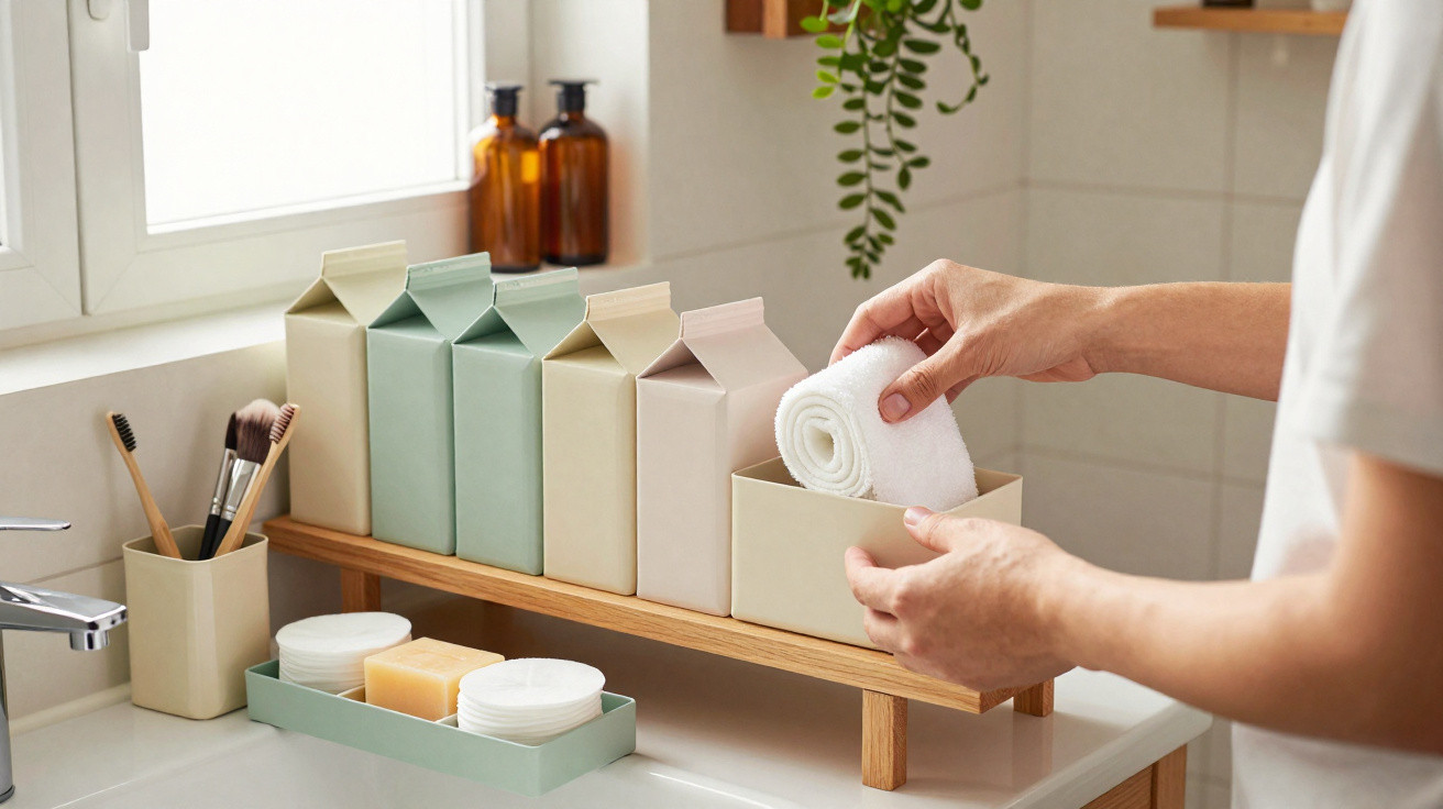 Person placing a rolled white towel into a beige box on a bathroom counter with toiletries and makeup brushes