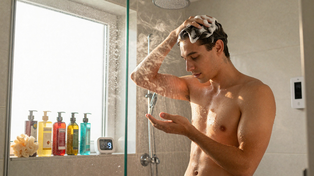 Man washing hair with shampoo in a modern shower with bottles and natural light from a window.