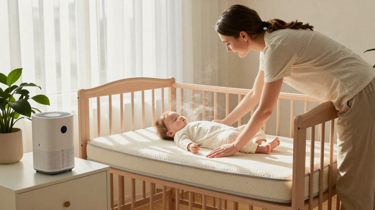 Mother gently placing baby in wooden crib next to a white humidifier on a bedside table in sunlit room