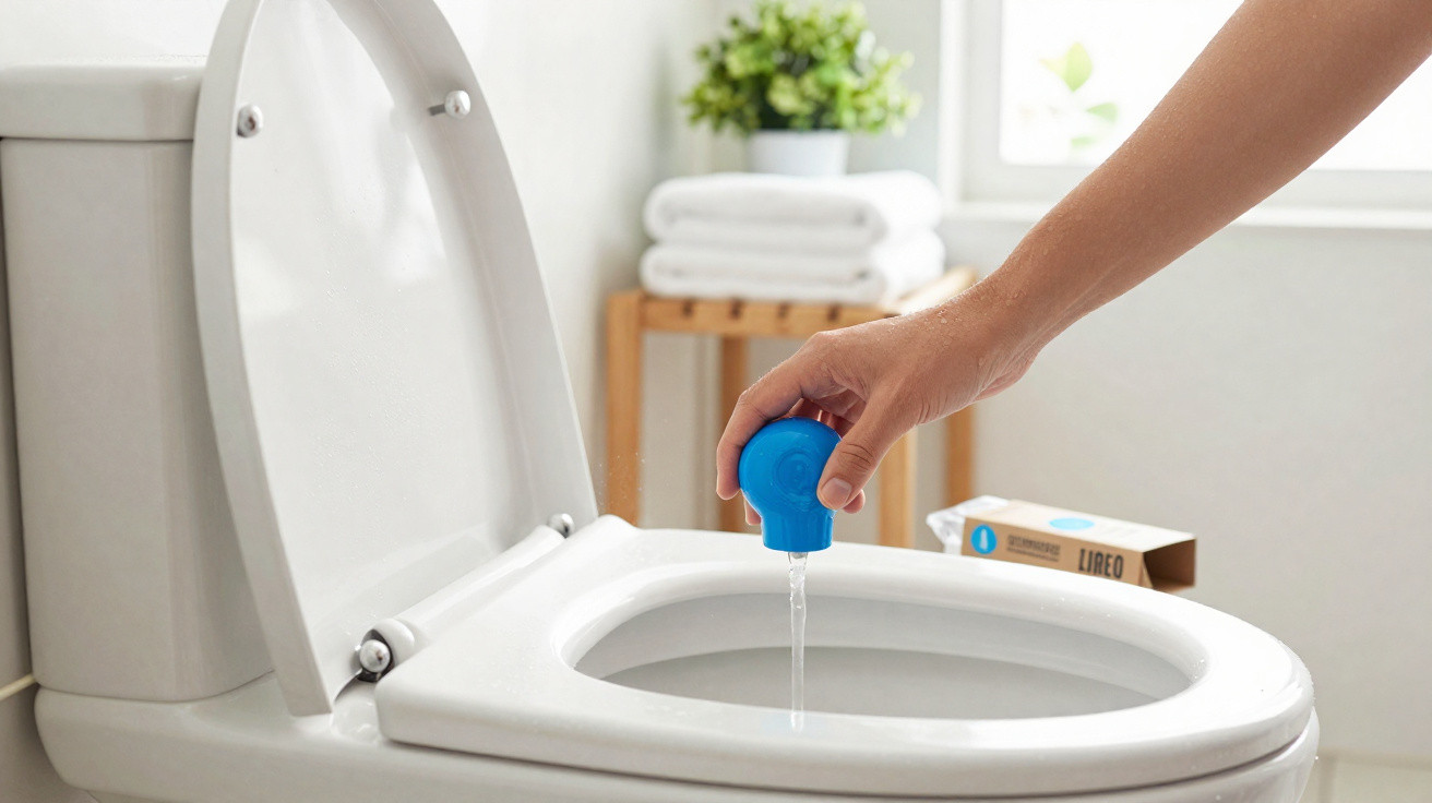 Hand pouring blue liquid cleaner into a white toilet bowl in a bright bathroom with towels and plant in background.