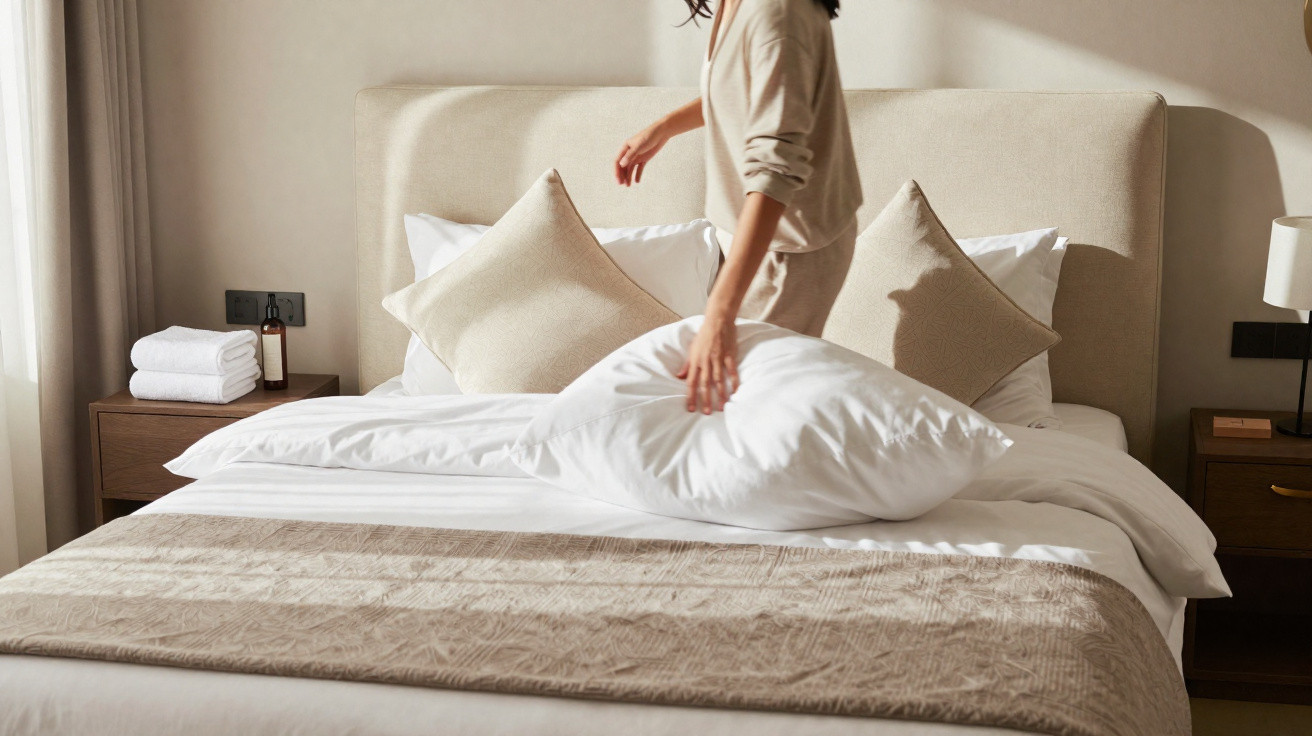 Person making a bed with white linens and beige cushions in a softly lit bedroom.
