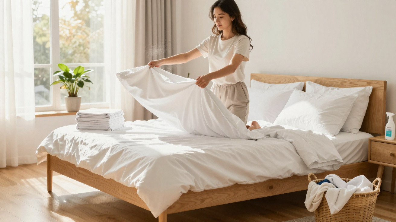 Woman making a bed with white linens in a bright bedroom with a plant and laundry basket nearby.