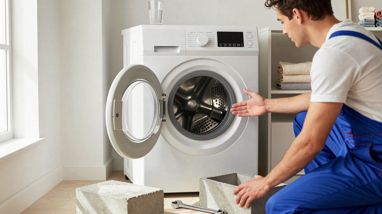 Man in blue overalls inspecting an open washing machine in a bright laundry room with tools nearby.