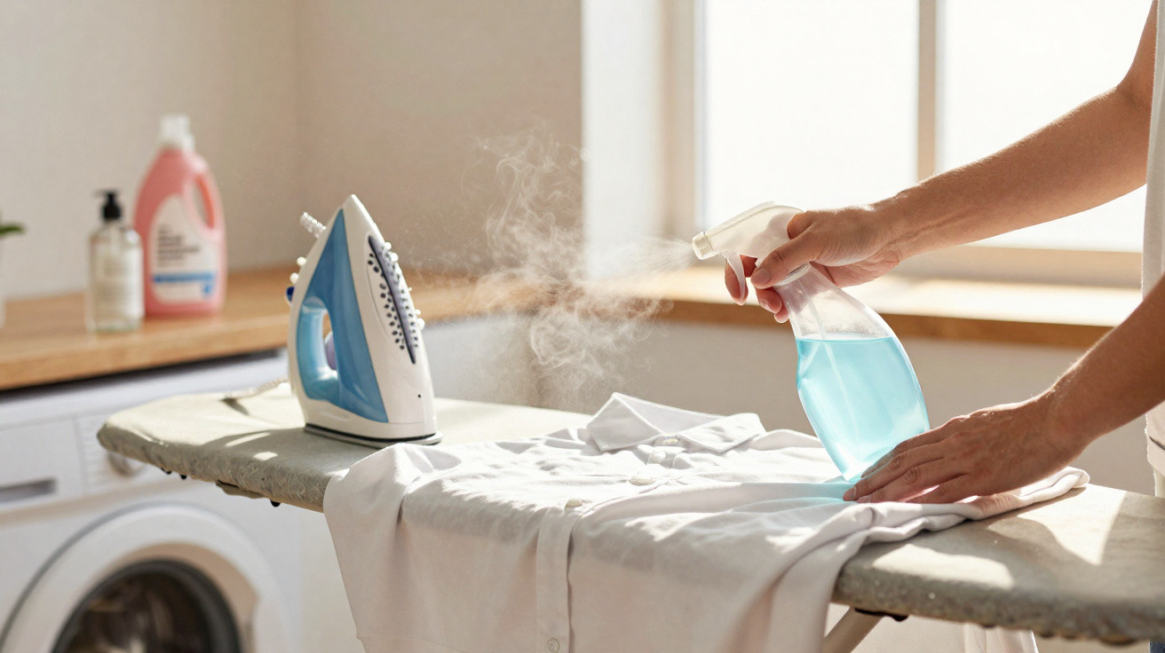 Person spraying blue liquid on white shirt on ironing board next to steaming iron in laundry room
