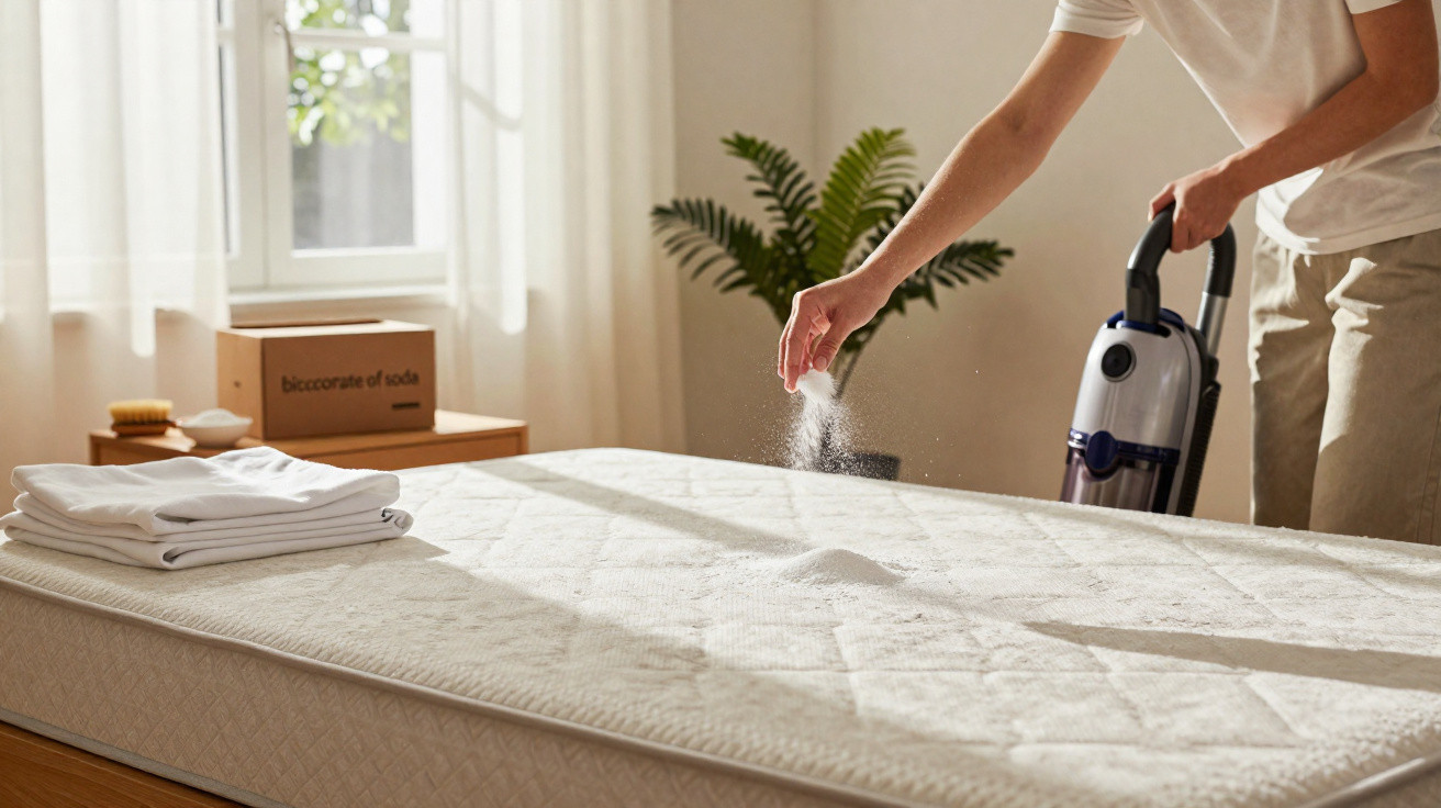 Person sprinkling baking soda on a mattress in a bright bedroom with vacuum cleaner nearby and folded linens.