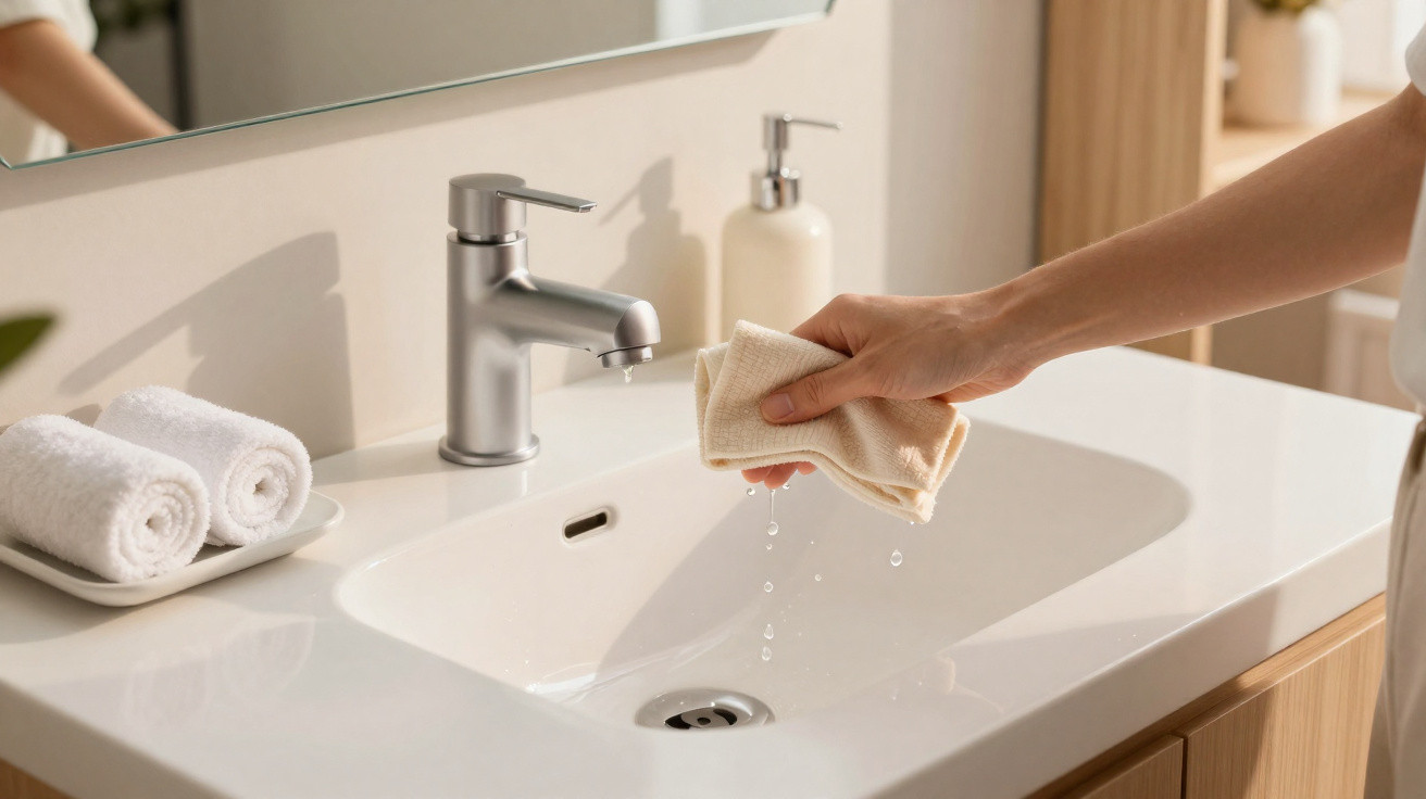 Hand squeezing water from a beige cloth over a modern white bathroom sink with silver faucet.