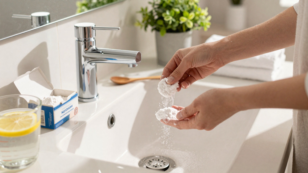 Person crumbling a white effervescent tablet over a bathroom sink with a glass of lemon water nearby.