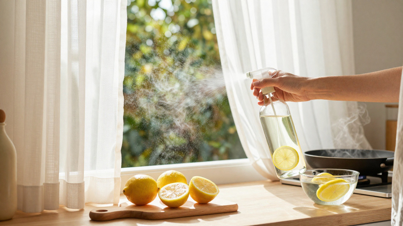 Hand spraying a lemon-infused water mist on a kitchen window with lemons on a wooden cutting board nearby.
