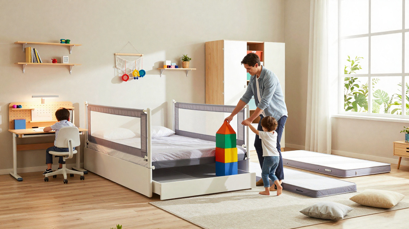 Father and two children playing with large colourful blocks in a bright, organised bedroom with a window.