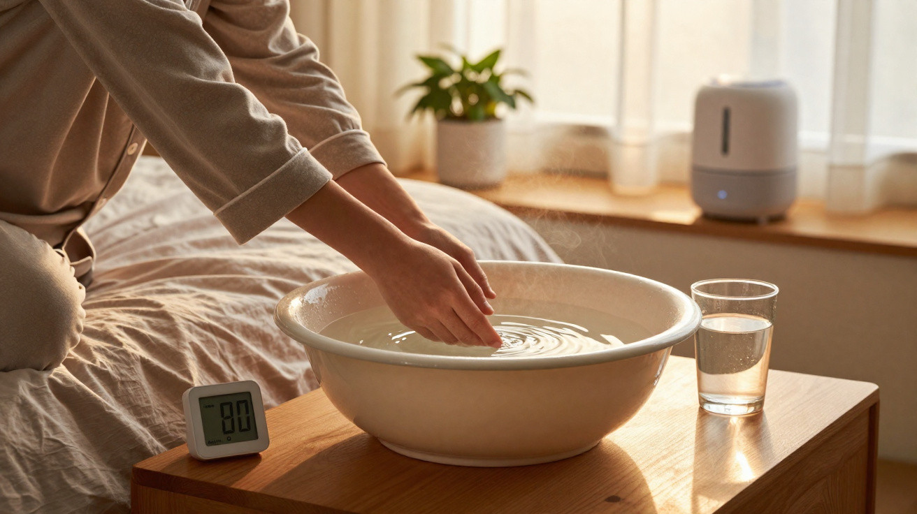 Person soaking hands in warm water bowl on wooden table with glass of water and digital timer nearby
