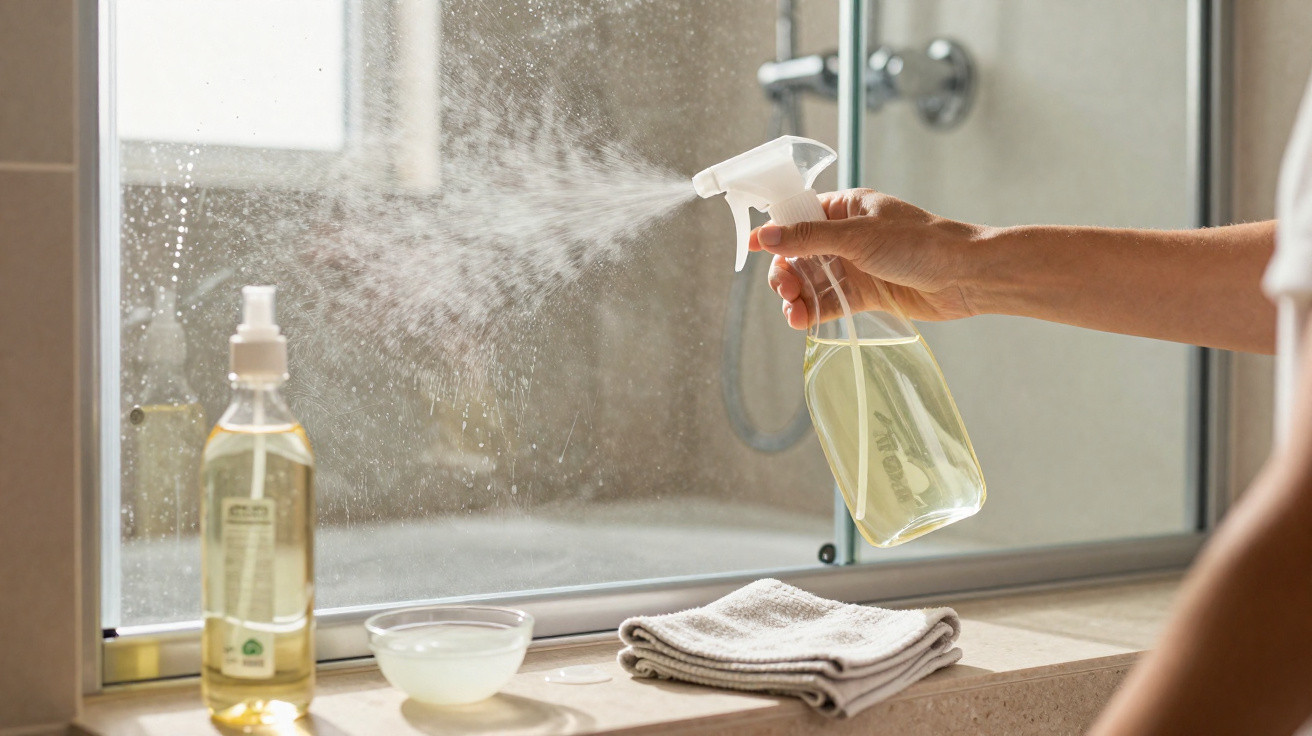 Hand spraying cleaning solution on a bathroom mirror with a cloth and soap bottle nearby on the counter.