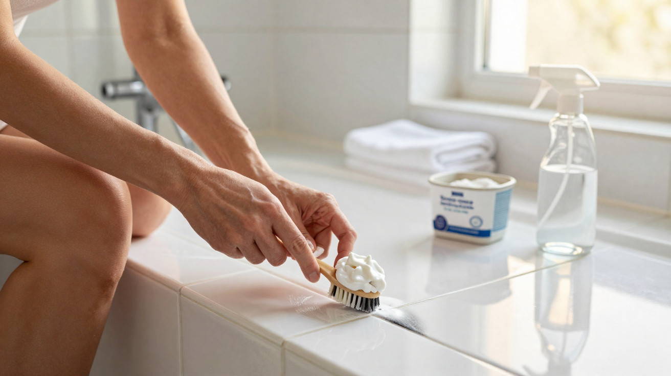 Person scrubbing grout on white tiled surface with brush and cleaning foam in bright bathroom.