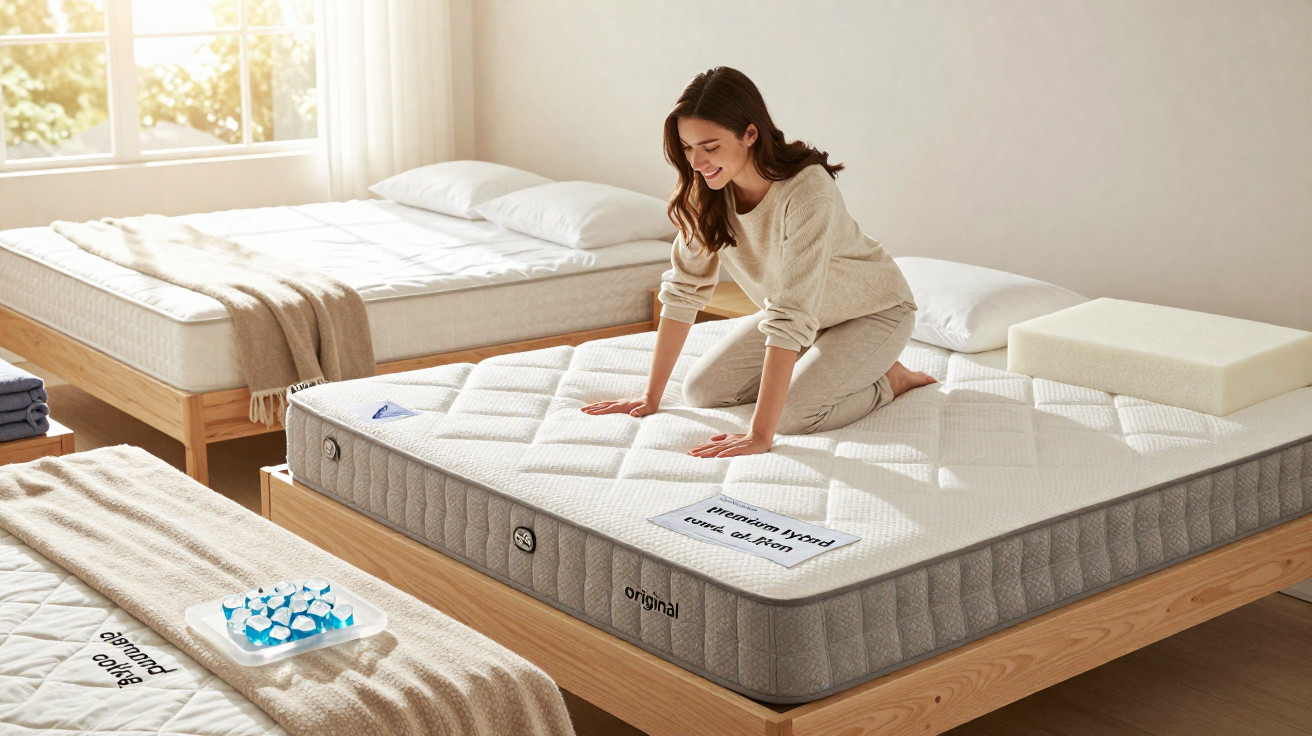 Woman testing mattress comfort by pressing down with hands and knees in a sunlit bedroom showroom.