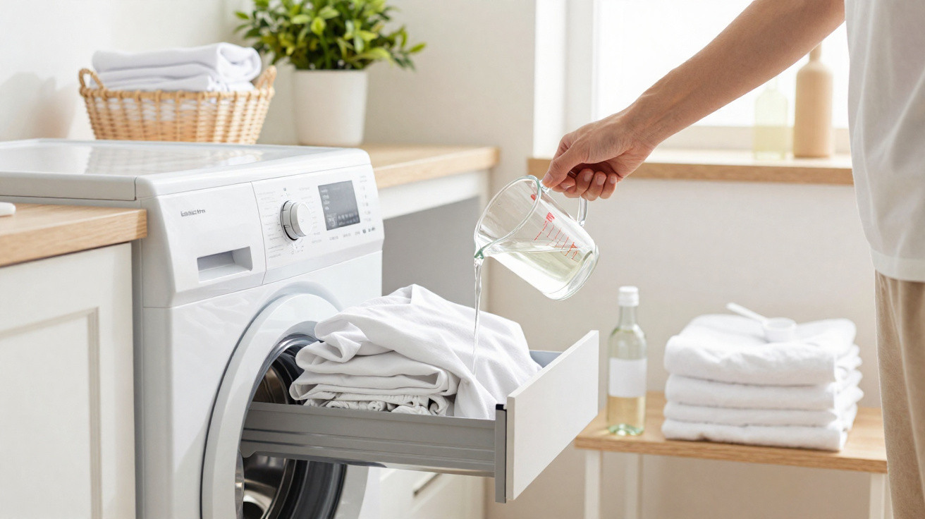 Person pouring liquid detergent onto white laundry in a front-loading washing machine drawer in a bright laundry room.