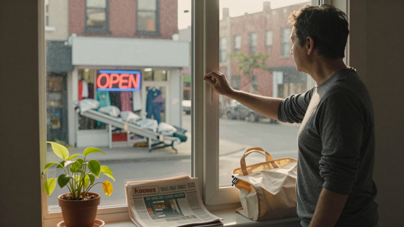 Man looking out a window at a street with an open shop sign, next to a plant, newspaper, and bag on the sill.