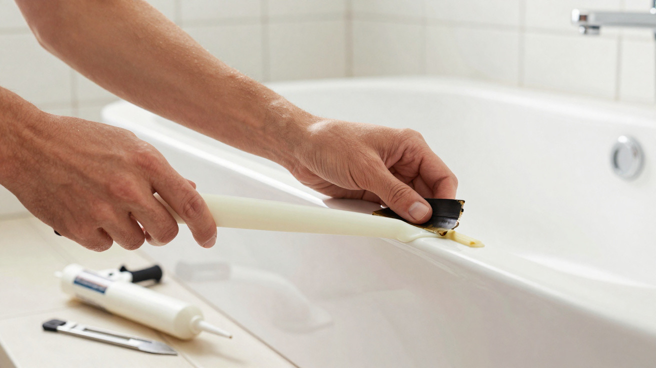 Person applying sealant with a scraper along the edge of a bathtub in a bathroom.