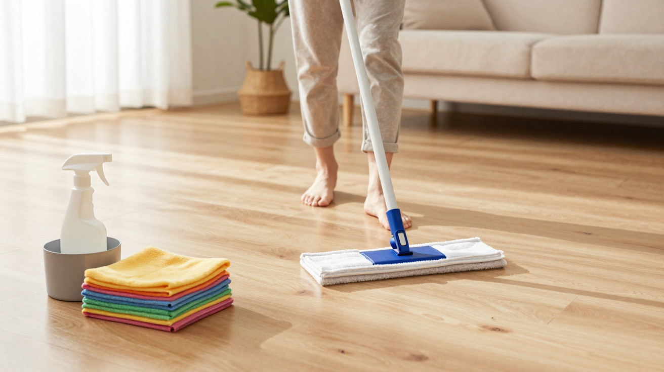 Person mopping a wooden floor with cleaning spray and colourful cloths nearby in a bright living room.