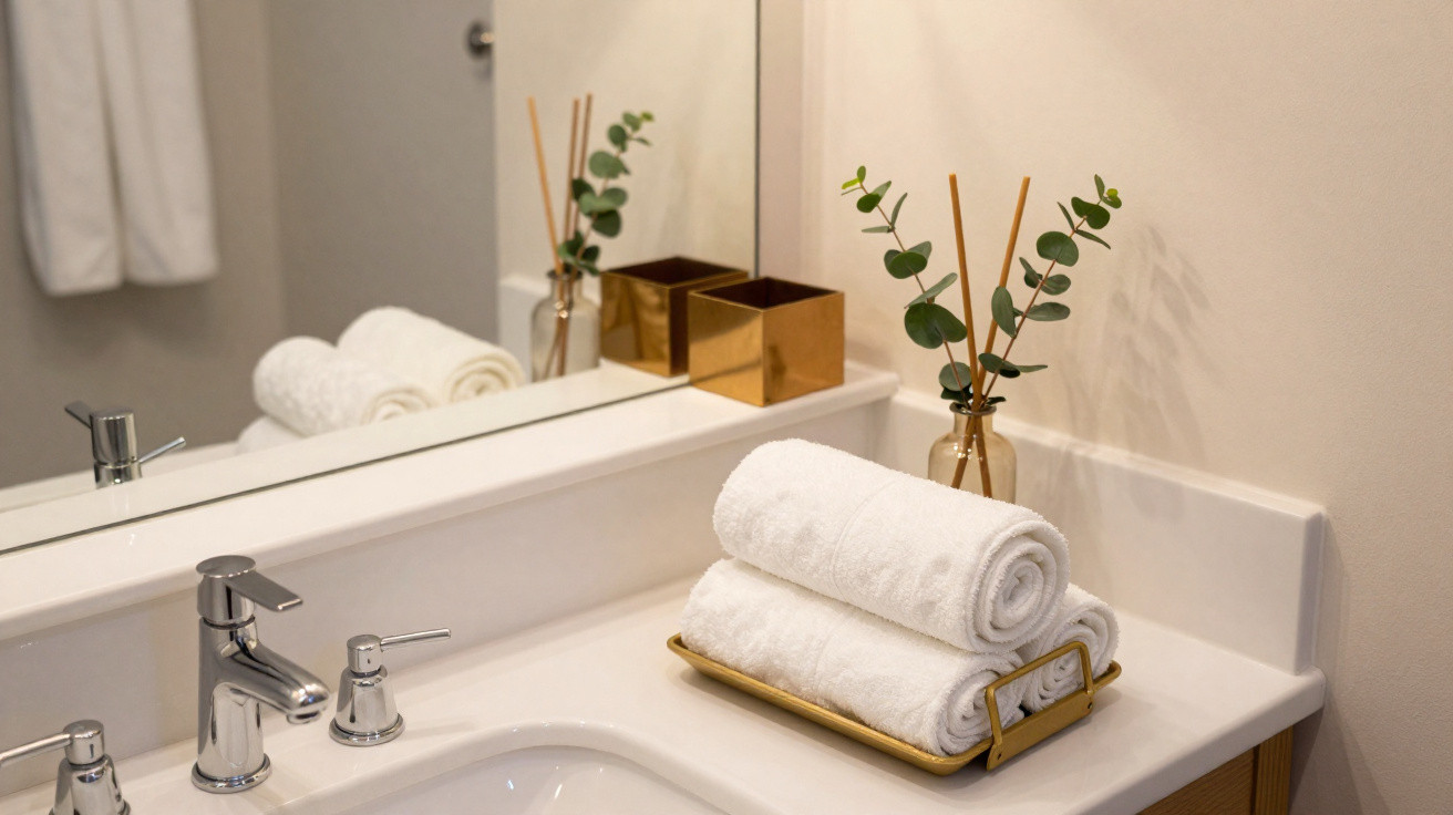 White rolled towels stacked on a tray next to a gold vase with green foliage on a bathroom counter with a mirror.