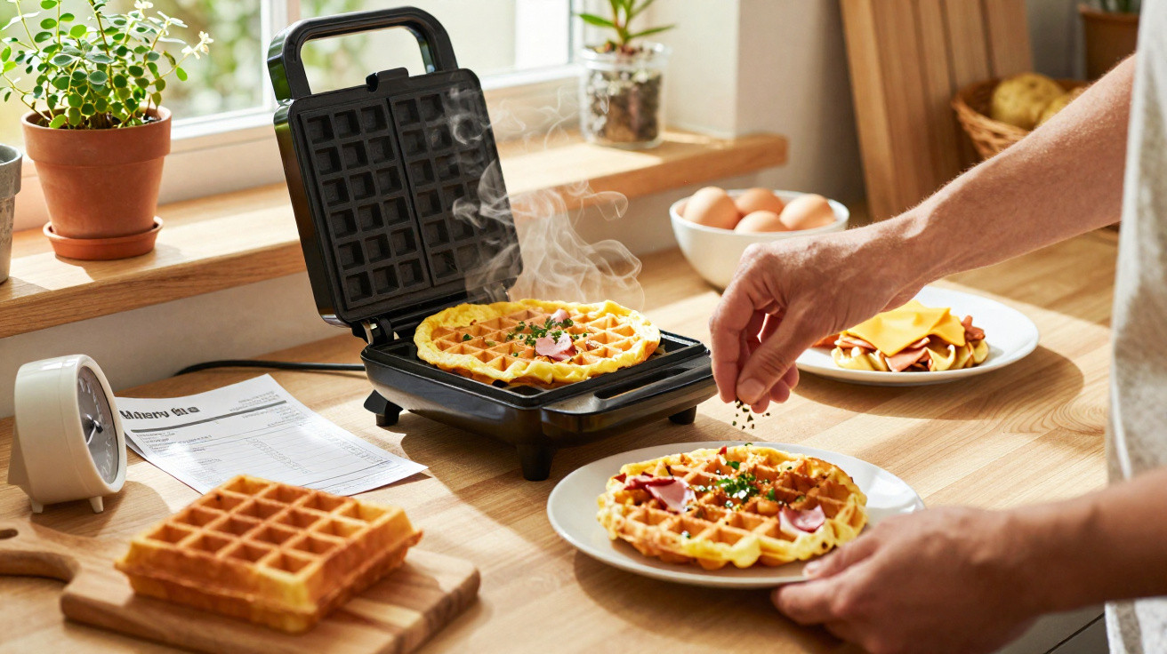 Person seasoning fresh waffles on a plate next to a waffle maker and ingredients on a kitchen table.