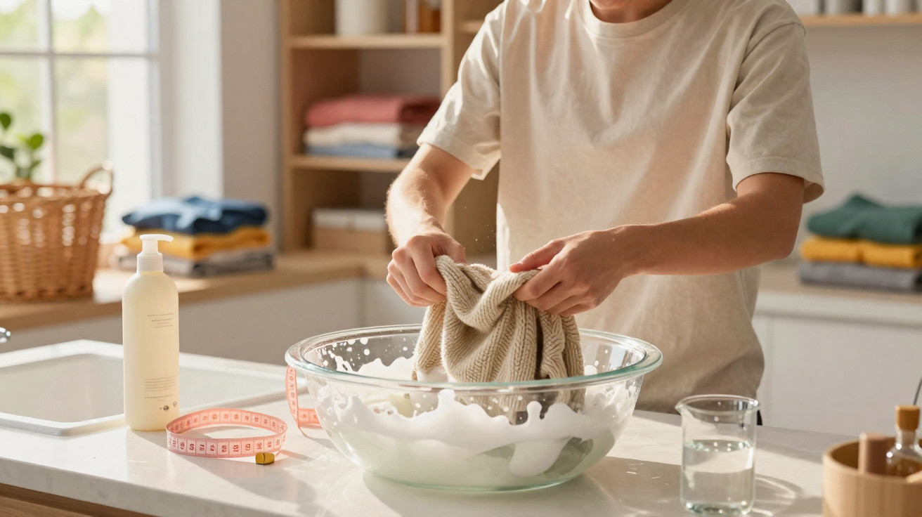 Person hand-washing a knitted garment in a glass bowl filled with soapy water on a kitchen countertop.