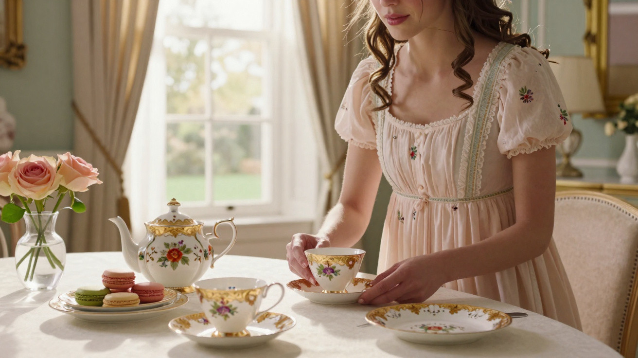 Woman in vintage dress setting a floral teacup on a table with a teapot, macarons, and a vase of roses.