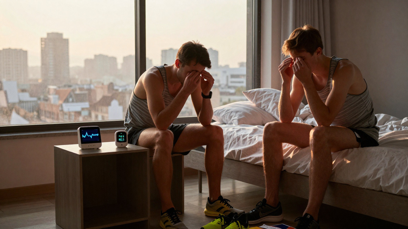 Two men in sportswear sitting on a bed in a city apartment, holding their heads in their hands.