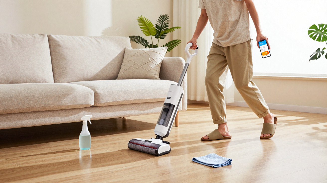 Person using a cordless vacuum cleaner to clean a wooden floor in a bright living room.