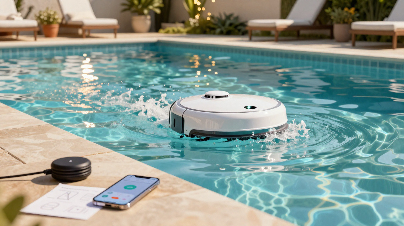 Robotic pool cleaner operating in a clear outdoor swimming pool with smartphone control on the side.