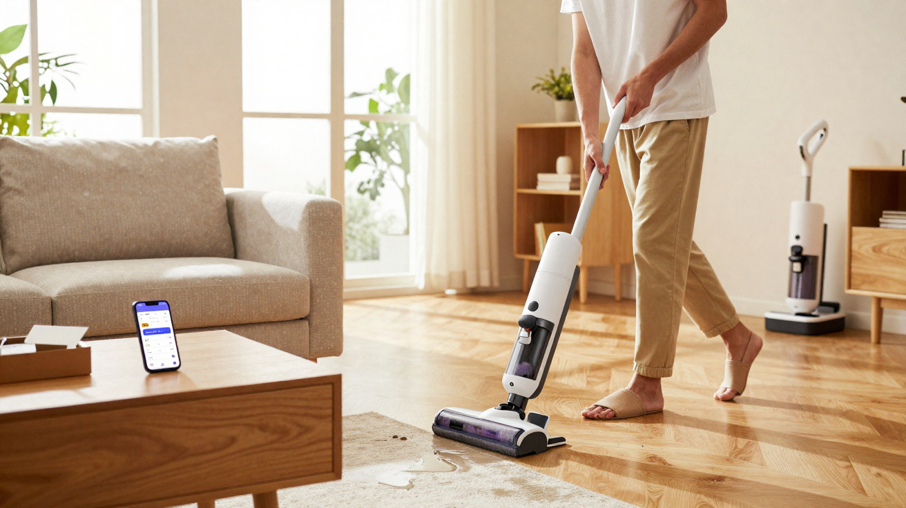 Person using a white cordless vacuum to clean wet spills on a rug in a bright living room with wooden floors.