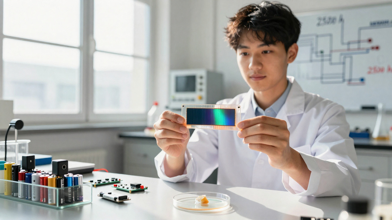 Young male scientist in lab coat examining a solar cell panel in a bright laboratory setting.