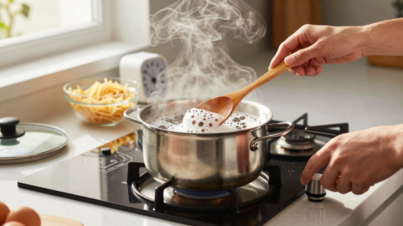 Hands stirring boiling water in a pot on a gas stove with steam rising in a bright kitchen.