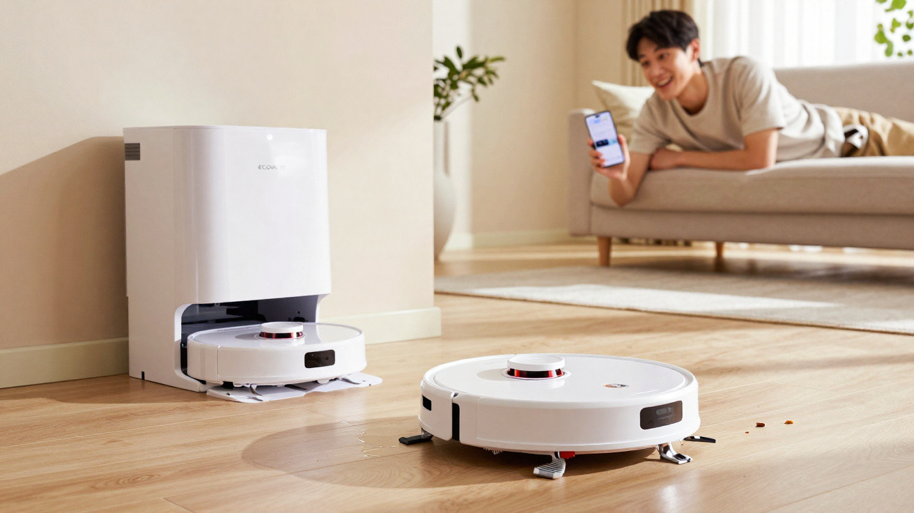 Robotic vacuum cleaner cleaning a wooden floor as a person controls it with a smartphone on a sofa.