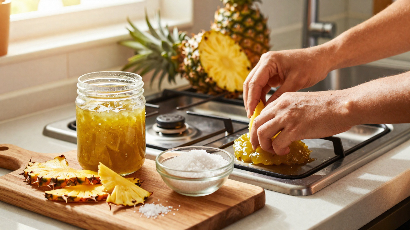 Hands grating fresh pineapple on a stove with sliced pineapple, sea salt, and pineapple jam on a wooden board.