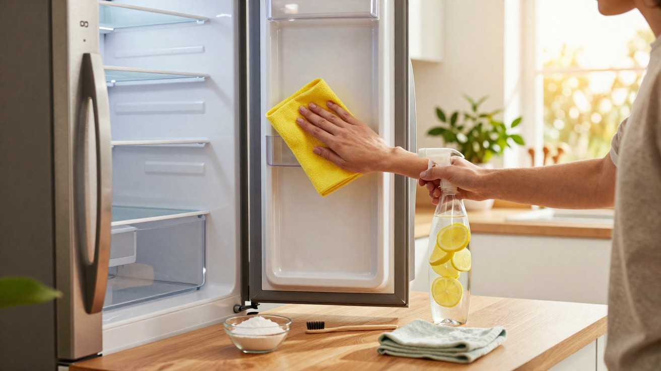 Person cleaning the inside of an open fridge door with a yellow cloth in a bright kitchen.