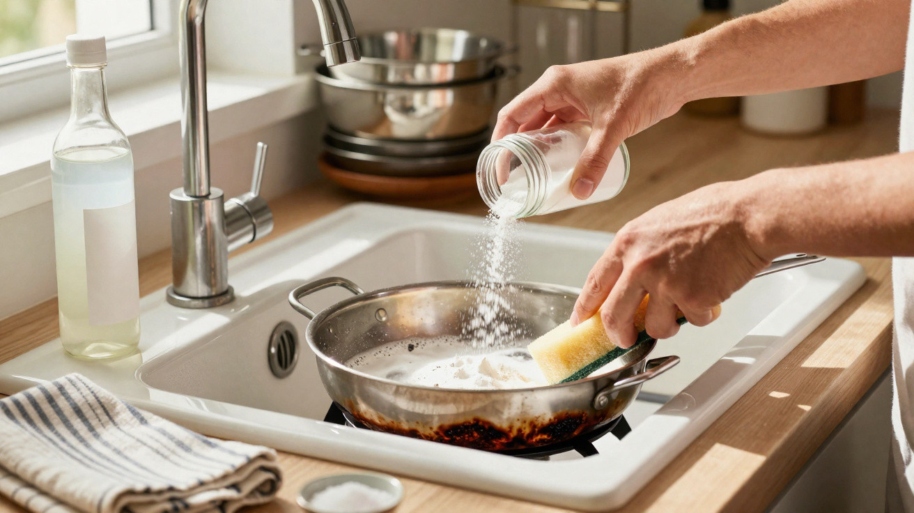 Hands pouring baking soda into a frying pan filled with soapy water on a kitchen sink surface.