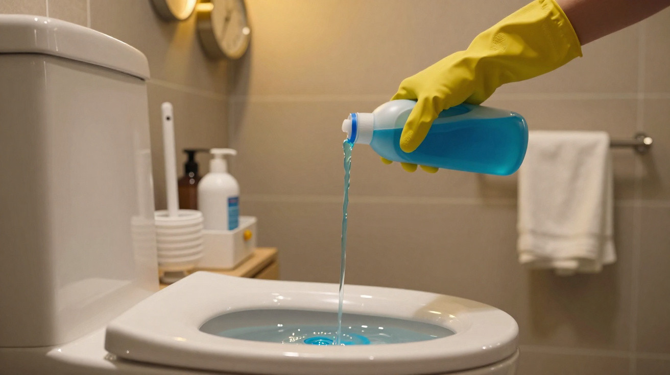 Hand wearing yellow glove pouring blue cleaner into an open toilet bowl in a bathroom.