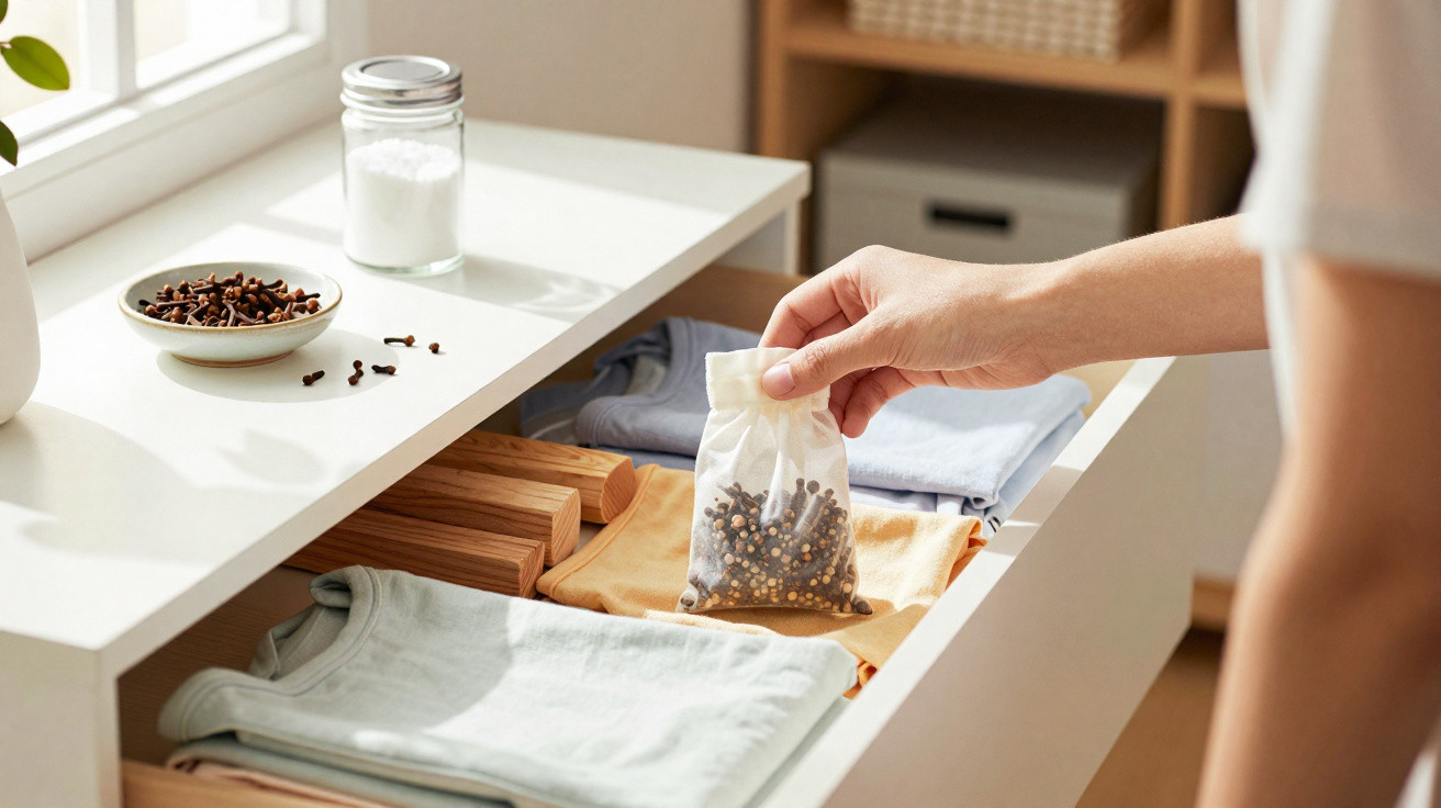 Hand placing a small sachet filled with cloves into a drawer with neatly folded clothes.