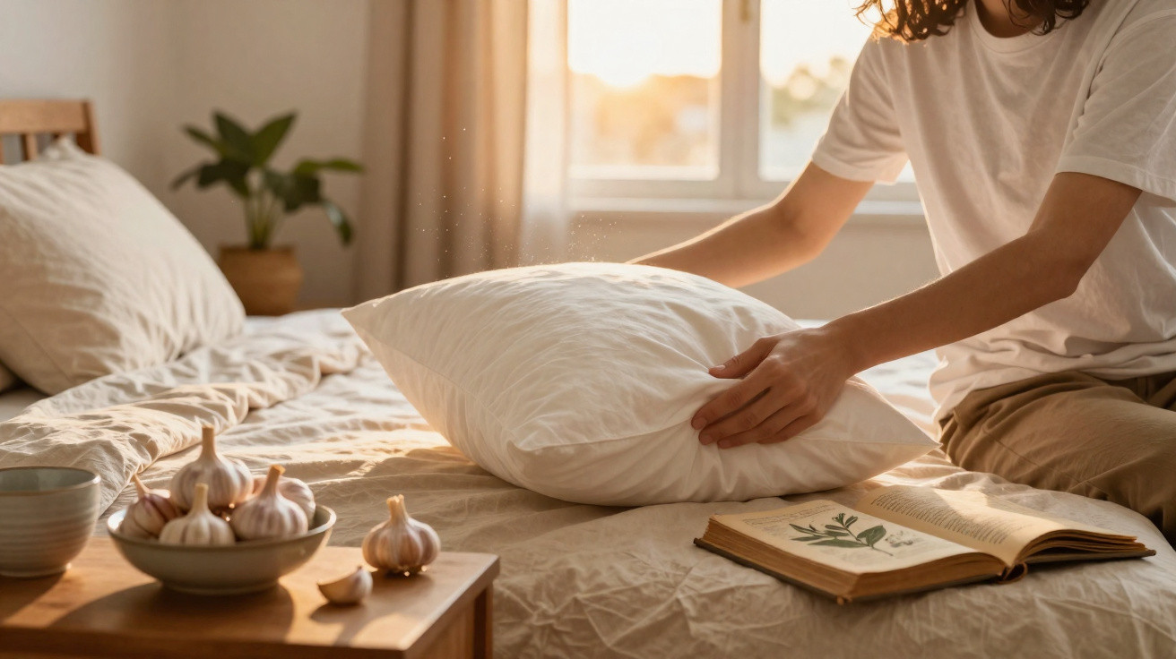 Person placing a white pillow on a bed with an open book and garlic in a bowl on a bedside table.